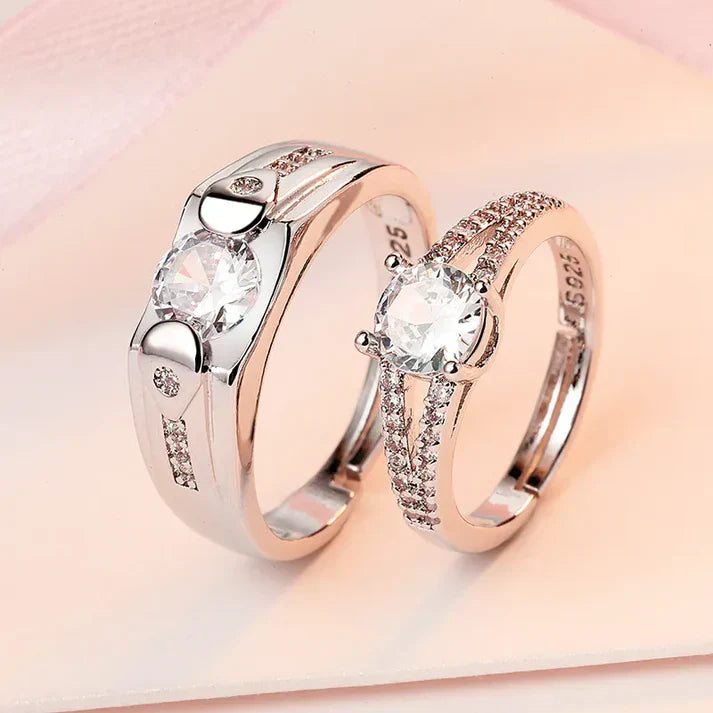 Pair of Adjustable Engagement Couple Rings set With Box for Girls and Boys Silver Diamond Cuple Rings Pair resizable