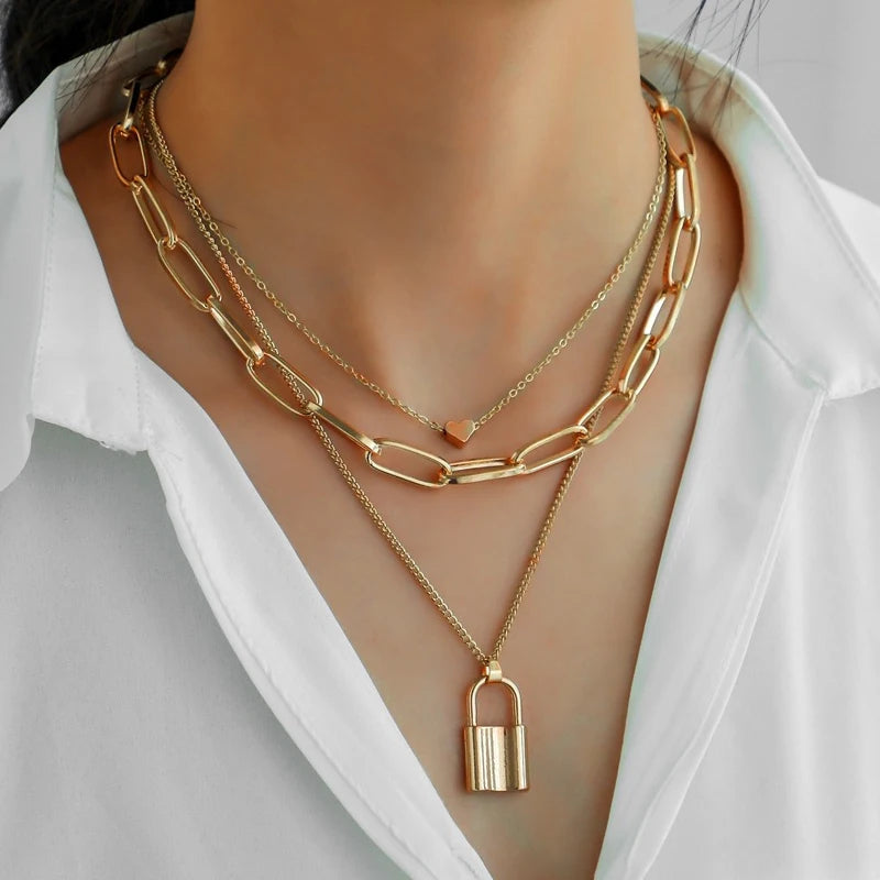 Stainless Steel Gold Color Lock Necklace for Women Hip Hop Three Layer Chain Necklace