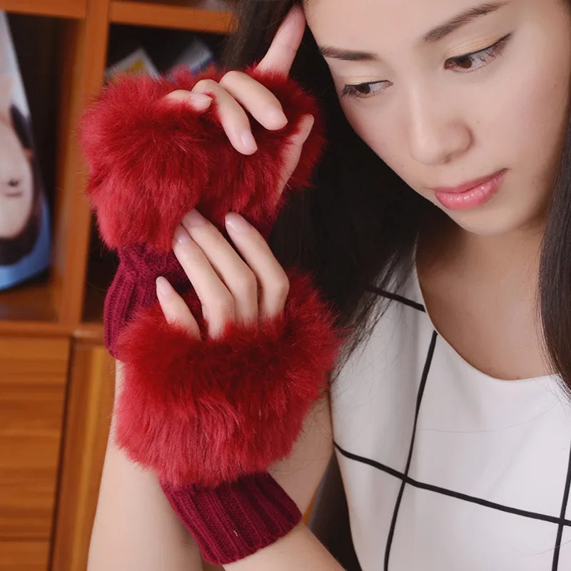 Women Autumn Winter Keep Warm Plush Knitted Woolen Splicing Half Finger Gloves