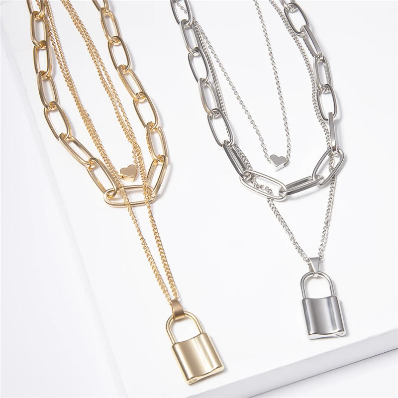 Stainless Steel Gold Color Lock Necklace for Women Hip Hop Three Layer Chain Necklace