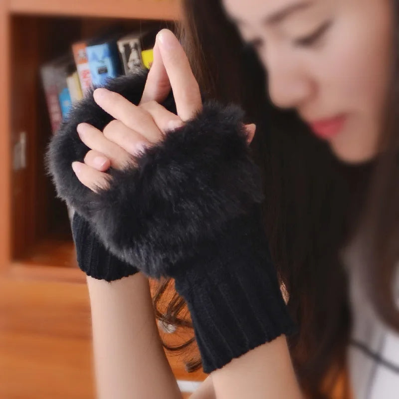 Women Autumn Winter Keep Warm Plush Knitted Woolen Splicing Half Finger Gloves