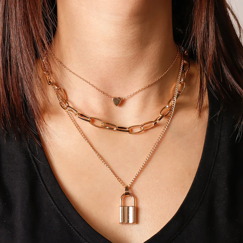 Stainless Steel Gold Color Lock Necklace for Women Hip Hop Three Layer Chain Necklace