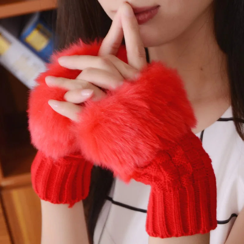 Women Autumn Winter Keep Warm Plush Knitted Woolen Splicing Half Finger Gloves