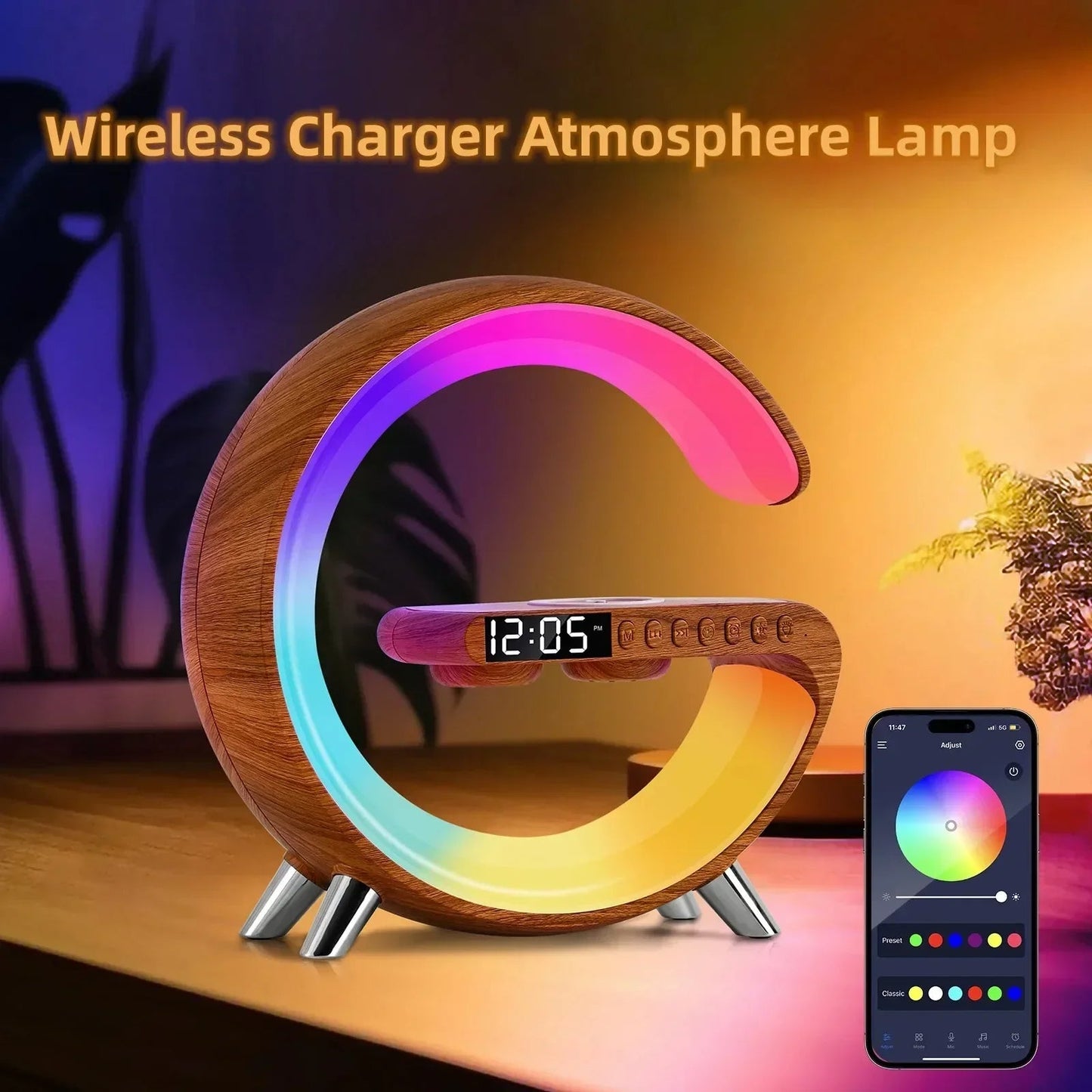 Intelligent G Shaped LED Lamp Wireless Charger Bluetooth Speaker Atmosphere Night Light With Clock Alarm App Control Decoration