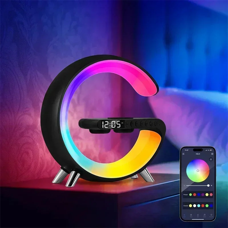 Intelligent G Shaped LED Lamp Wireless Charger Bluetooth Speaker Atmosphere Night Light With Clock Alarm App Control Decoration