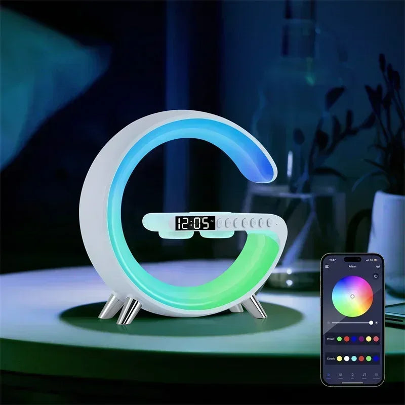 Intelligent G Shaped LED Lamp Wireless Charger Bluetooth Speaker Atmosphere Night Light With Clock Alarm App Control Decoration